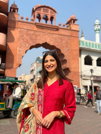 Aahana Kumra Shubh Red Kalamkari Dupatta Suit Set