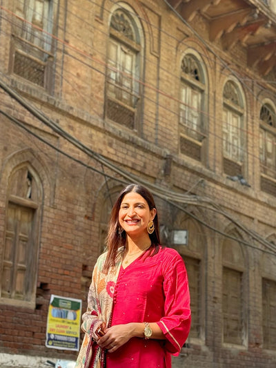 Aahana Kumra Shubh Red Kalamkari Dupatta Suit Set