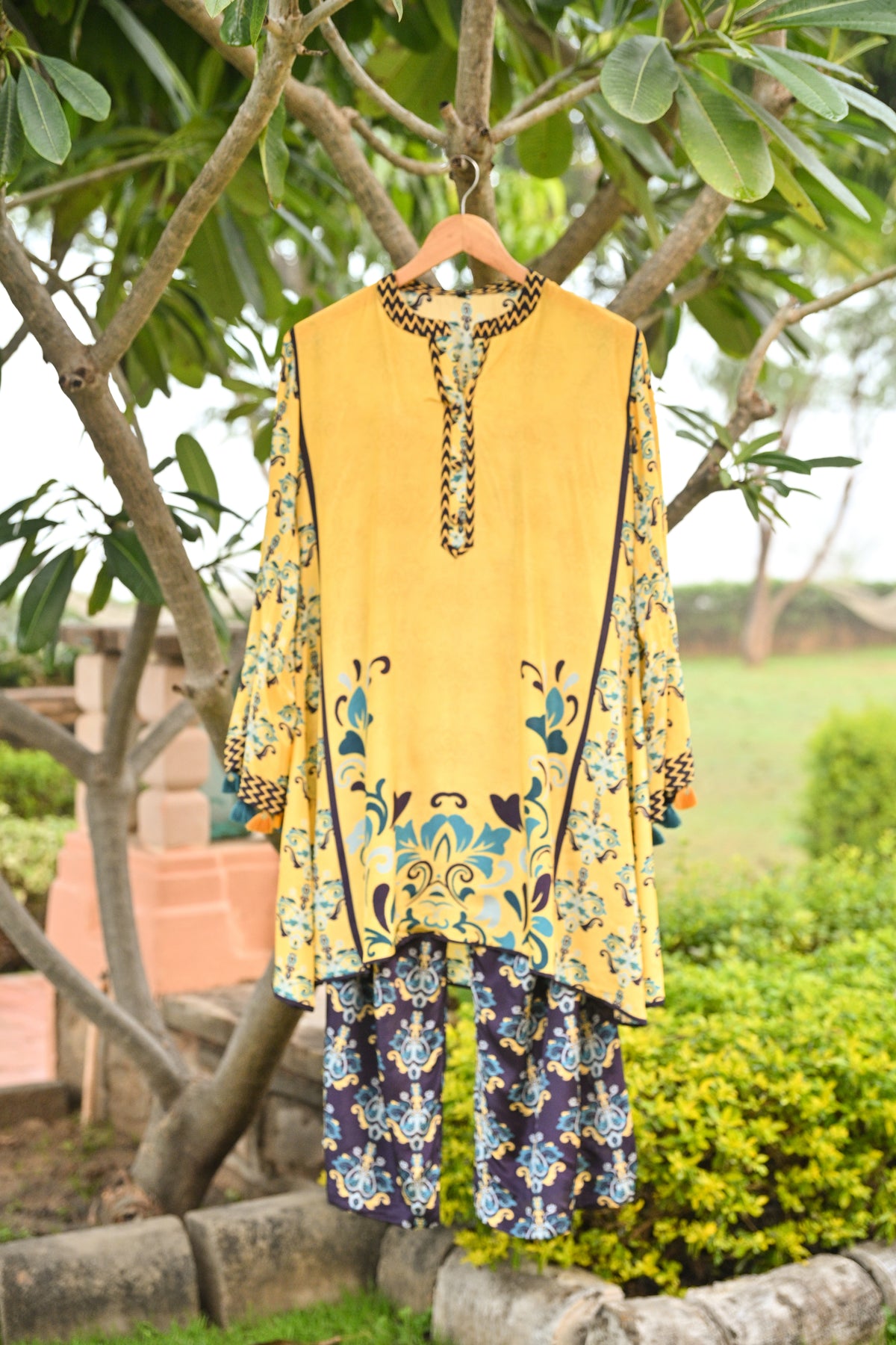 Yellow and Blue Spring Summer Block and Placement Print kurta Top with Flared pants