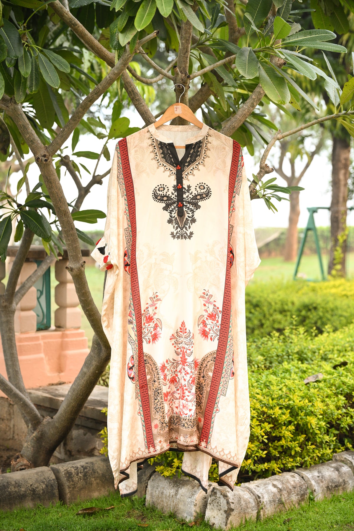 Paisley Print Cream and Black Kaftan with Pants