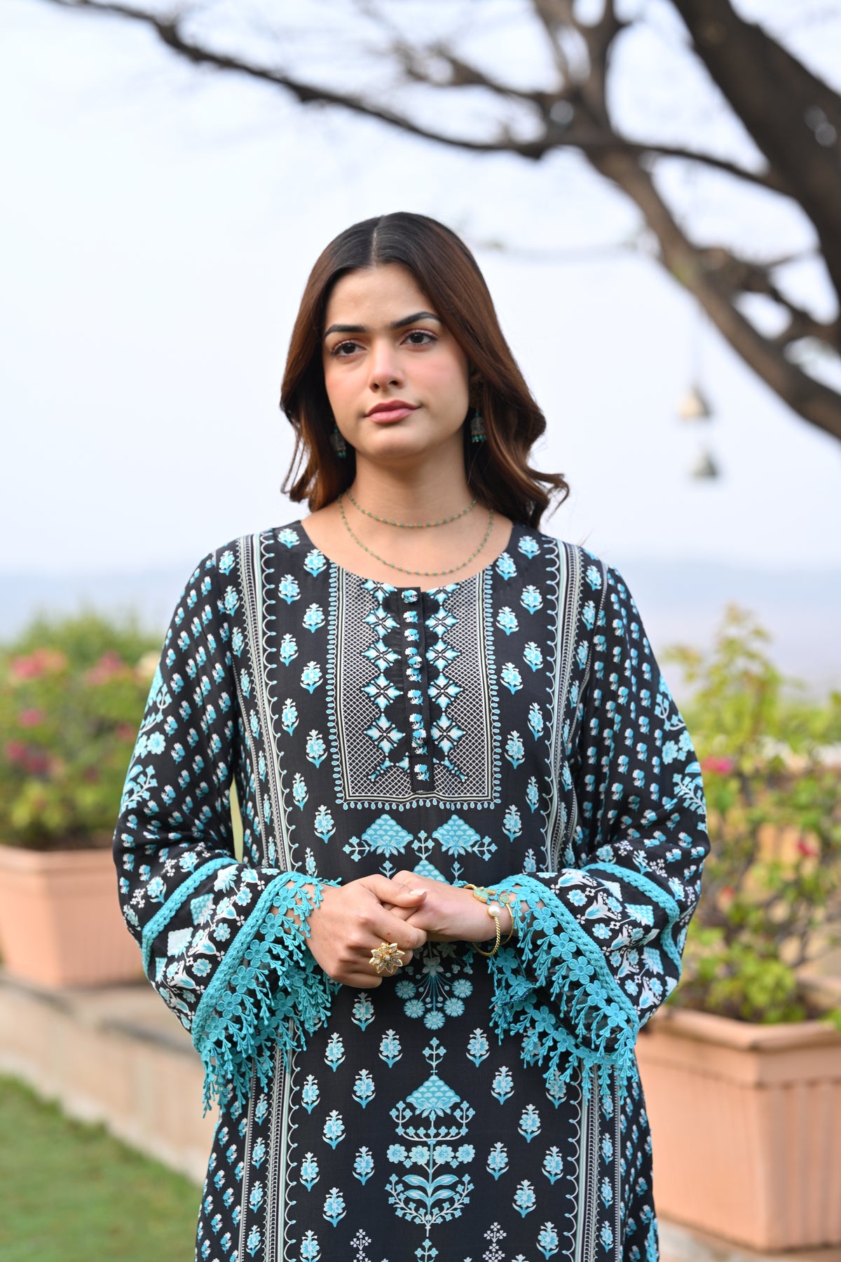 Black and Blue Lacy Block Print Muslin Suit Set
