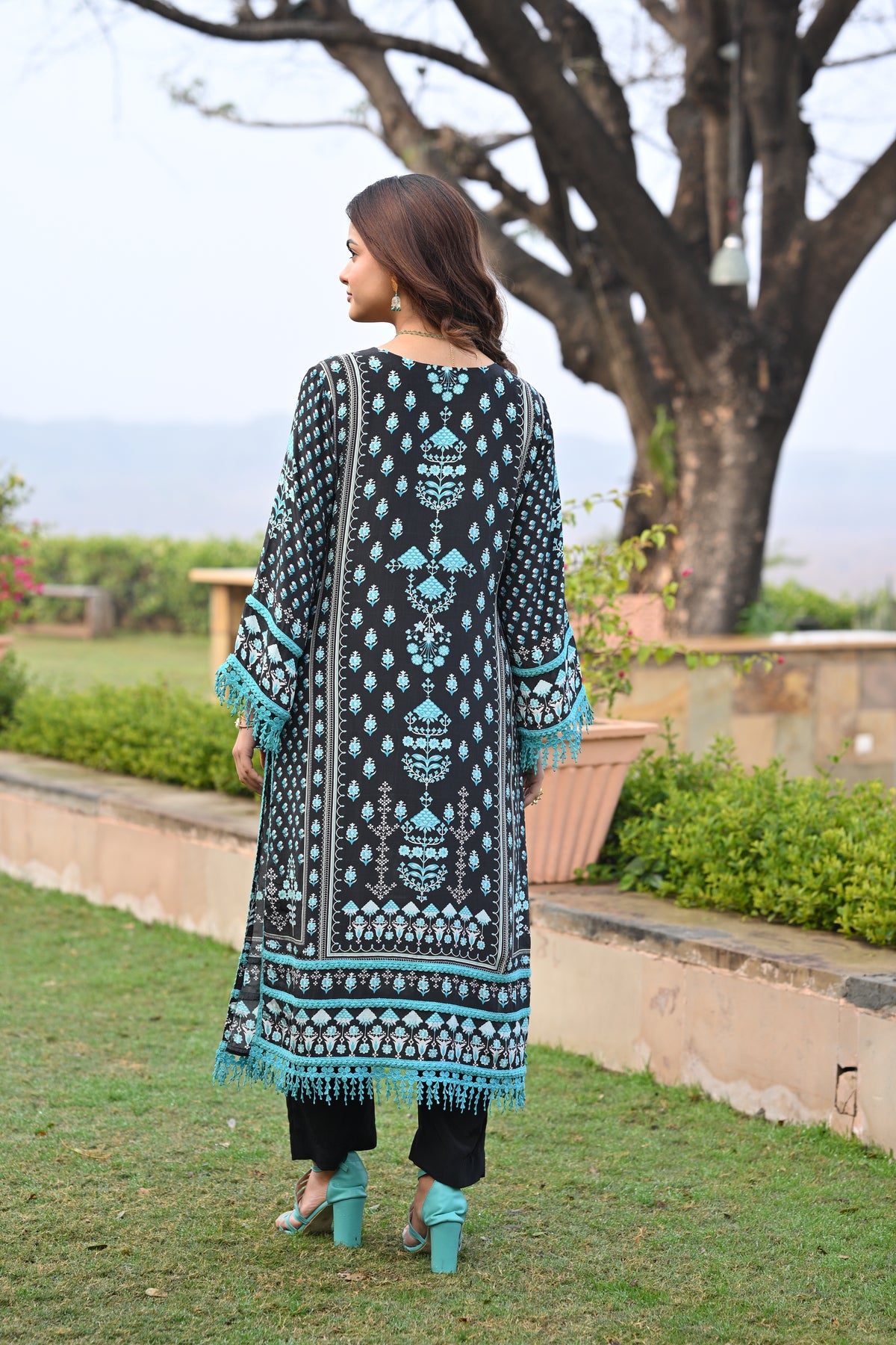 Black and Blue Lacy Block Print Muslin Suit Set