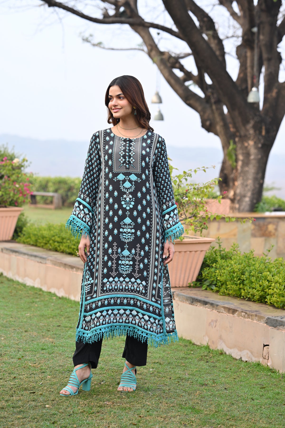 Black and Blue Lacy Block Print Muslin Suit Set