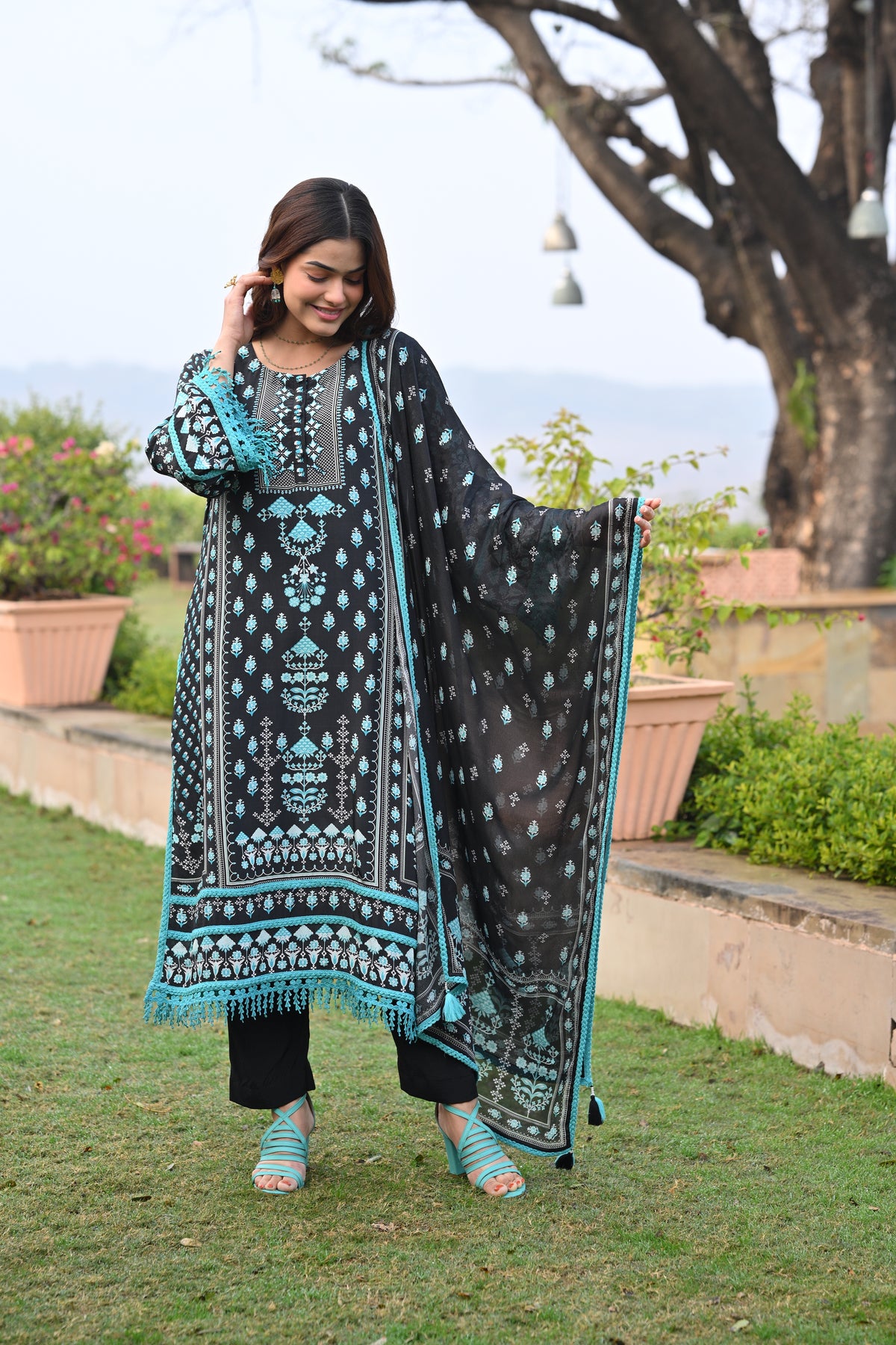 Black and Blue Lacy Block Print Muslin Suit Set