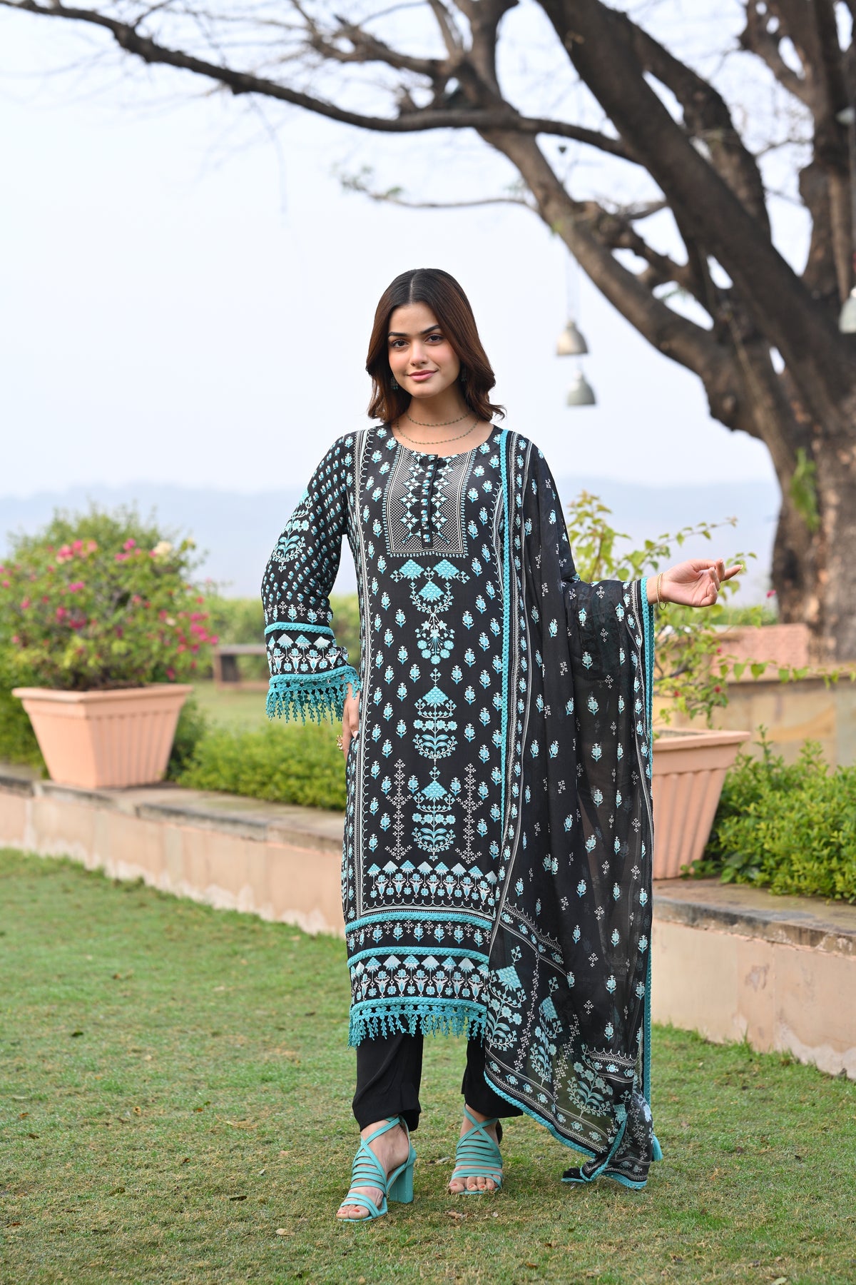 Black and Blue Lacy Block Print Muslin Suit Set
