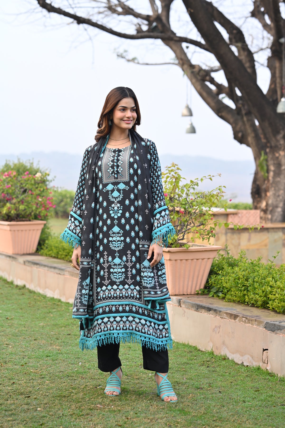 Black and Blue Lacy Block Print Muslin Suit Set