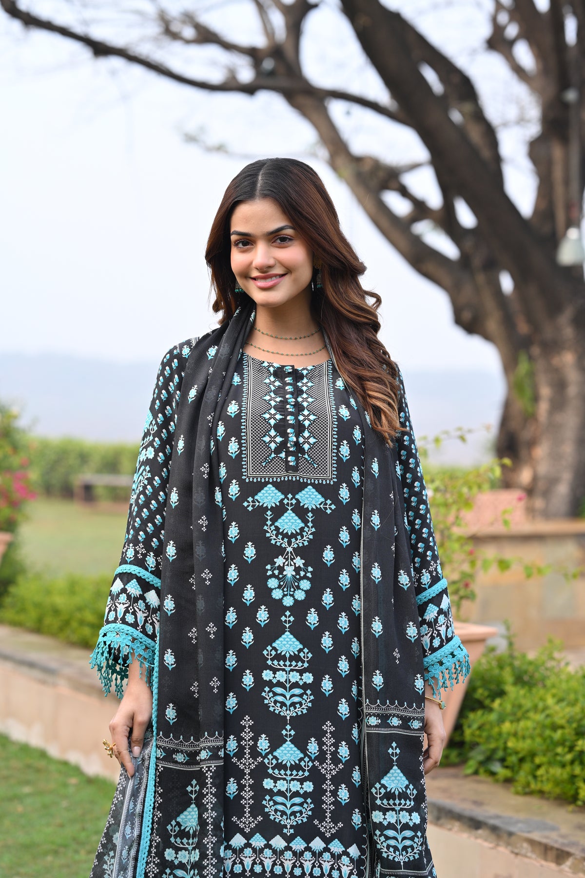 Black and Blue Lacy Block Print Muslin Suit Set