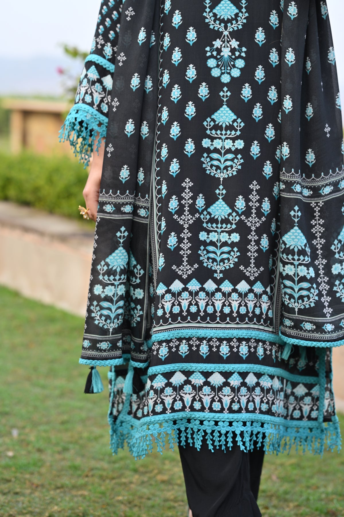 Black and Blue Lacy Block Print Muslin Suit Set