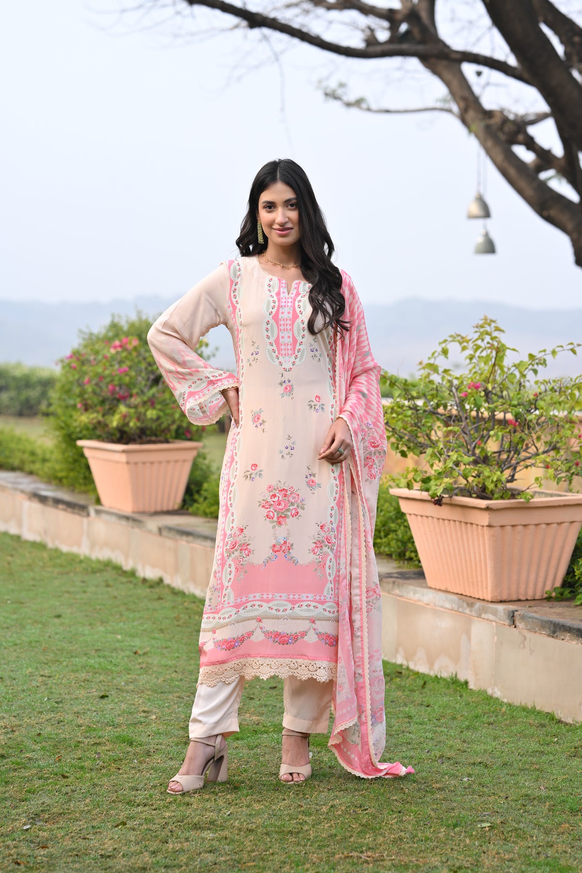 Peach and Pink Breezy Summer Lacy Suit Set