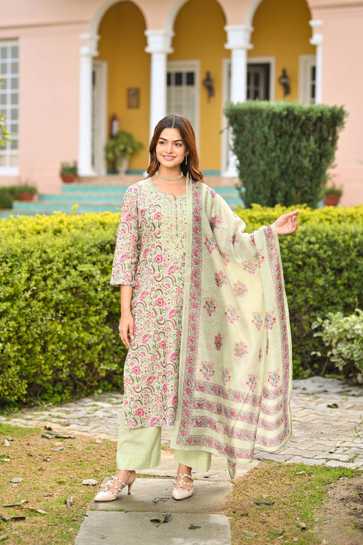 Green and Pink Chanderi Suit Set with Pittan Work and Block Print Dupatta