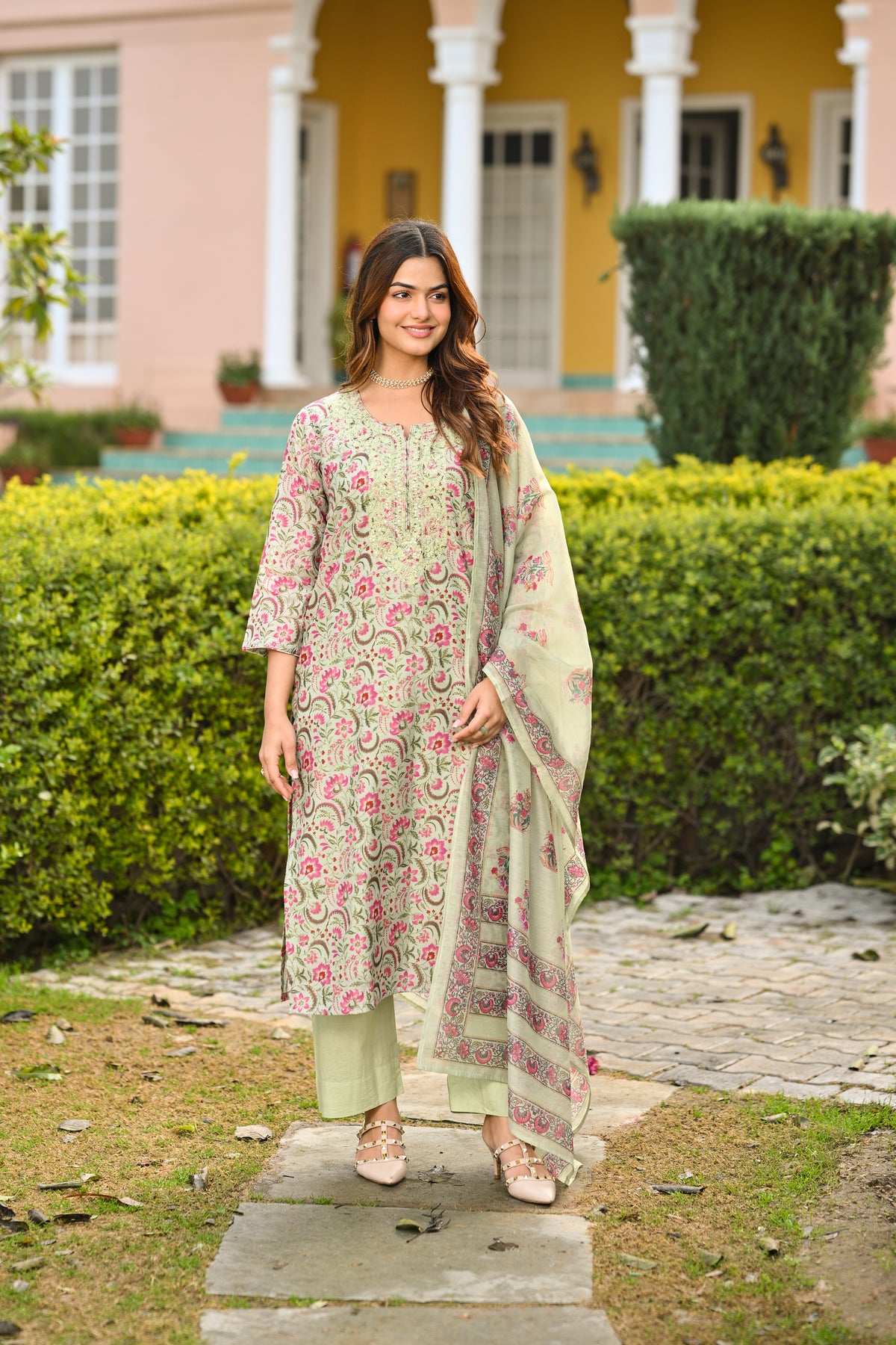 Green and Pink Chanderi Suit Set with Pittan Work and Block Print Dupatta