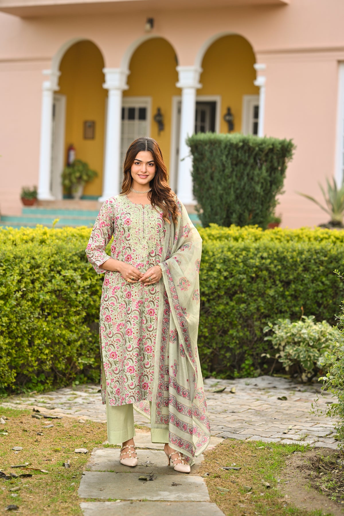 Green and Pink Chanderi Suit Set with Pittan Work and Block Print Dupatta