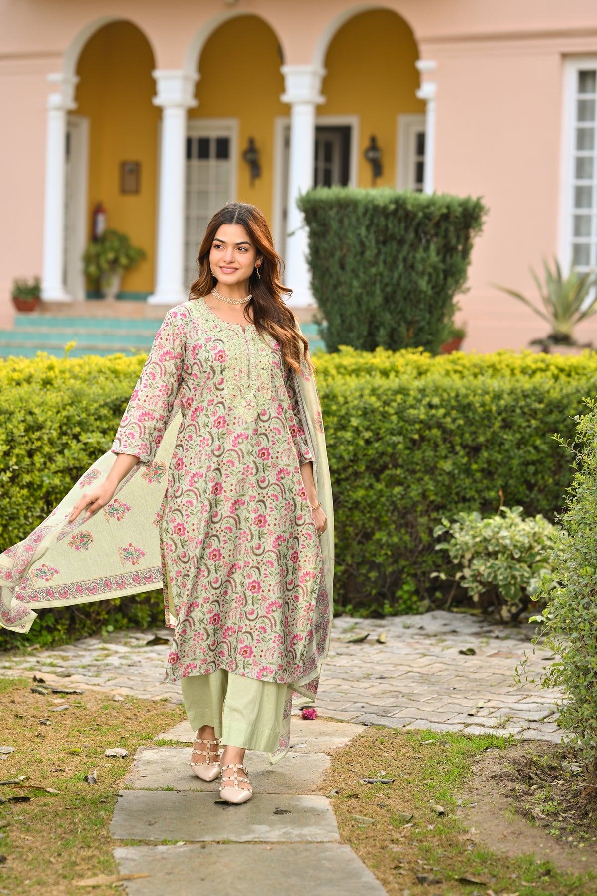Green and Pink Chanderi Suit Set with Pittan Work and Block Print Dupatta