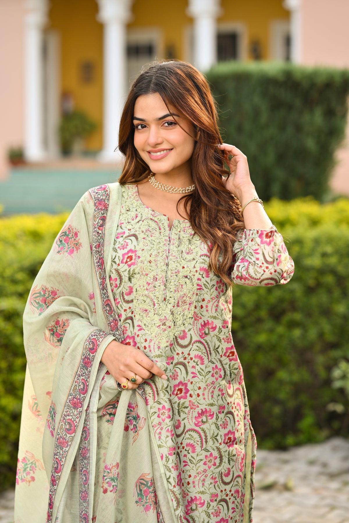 Green and Pink Chanderi Suit Set with Pittan Work and Block Print Dupatta