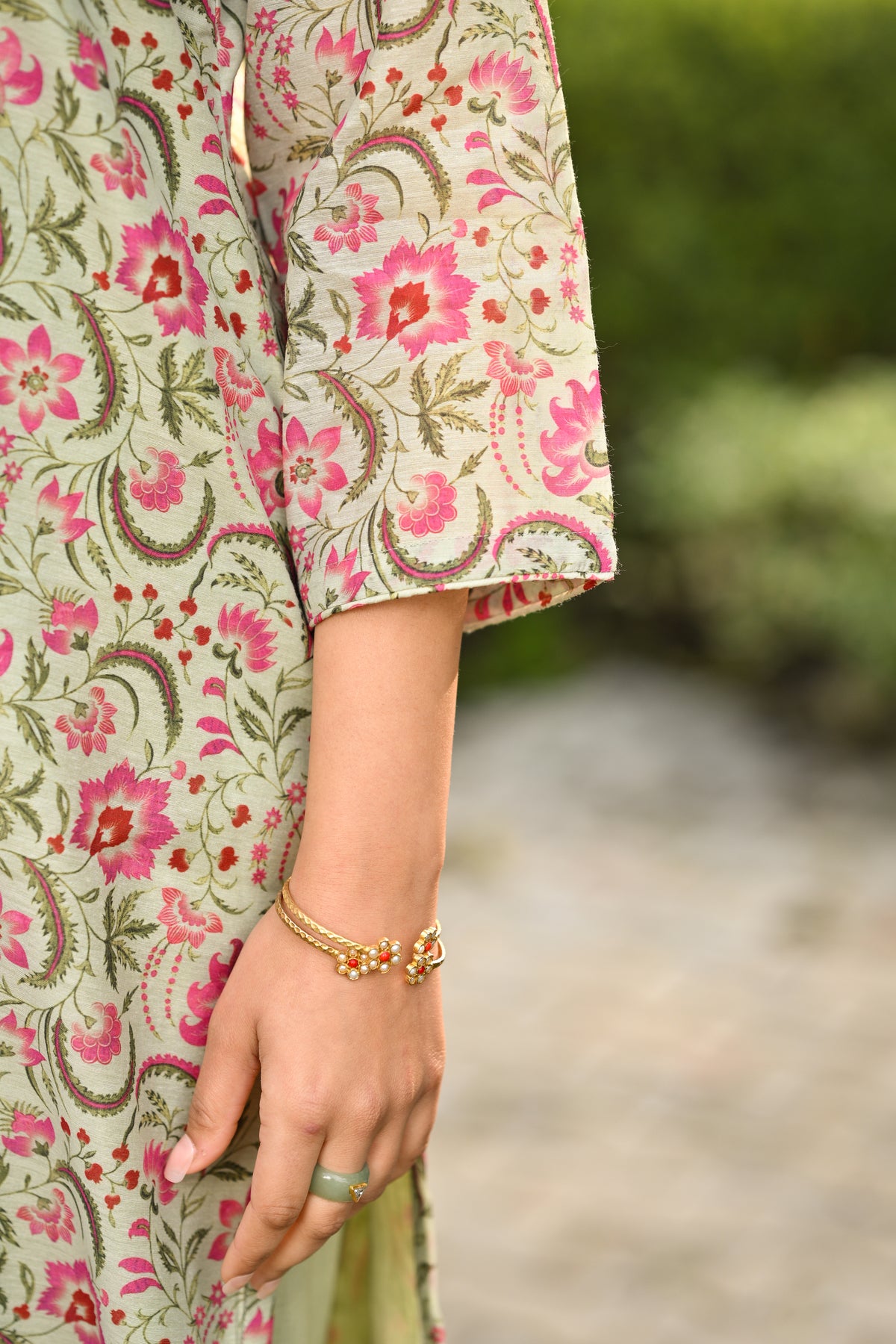 Green and Pink Chanderi Suit Set with Pittan Work and Block Print Dupatta