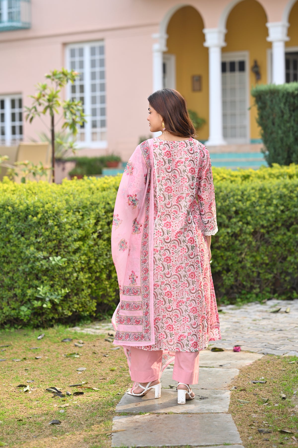 Pearl White and Pink Block Print Chanderi A line Suit Set with Lace on the Neck