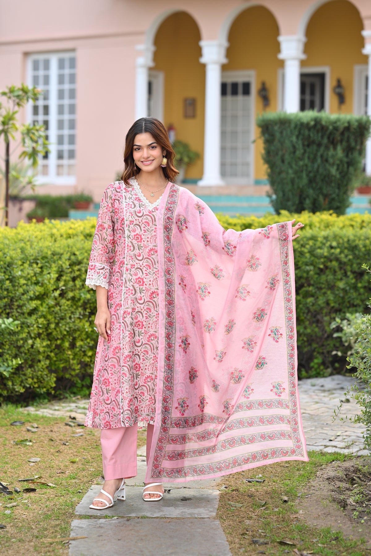 Pearl White and Pink Block Print Chanderi A line Suit Set with Lace on the Neck