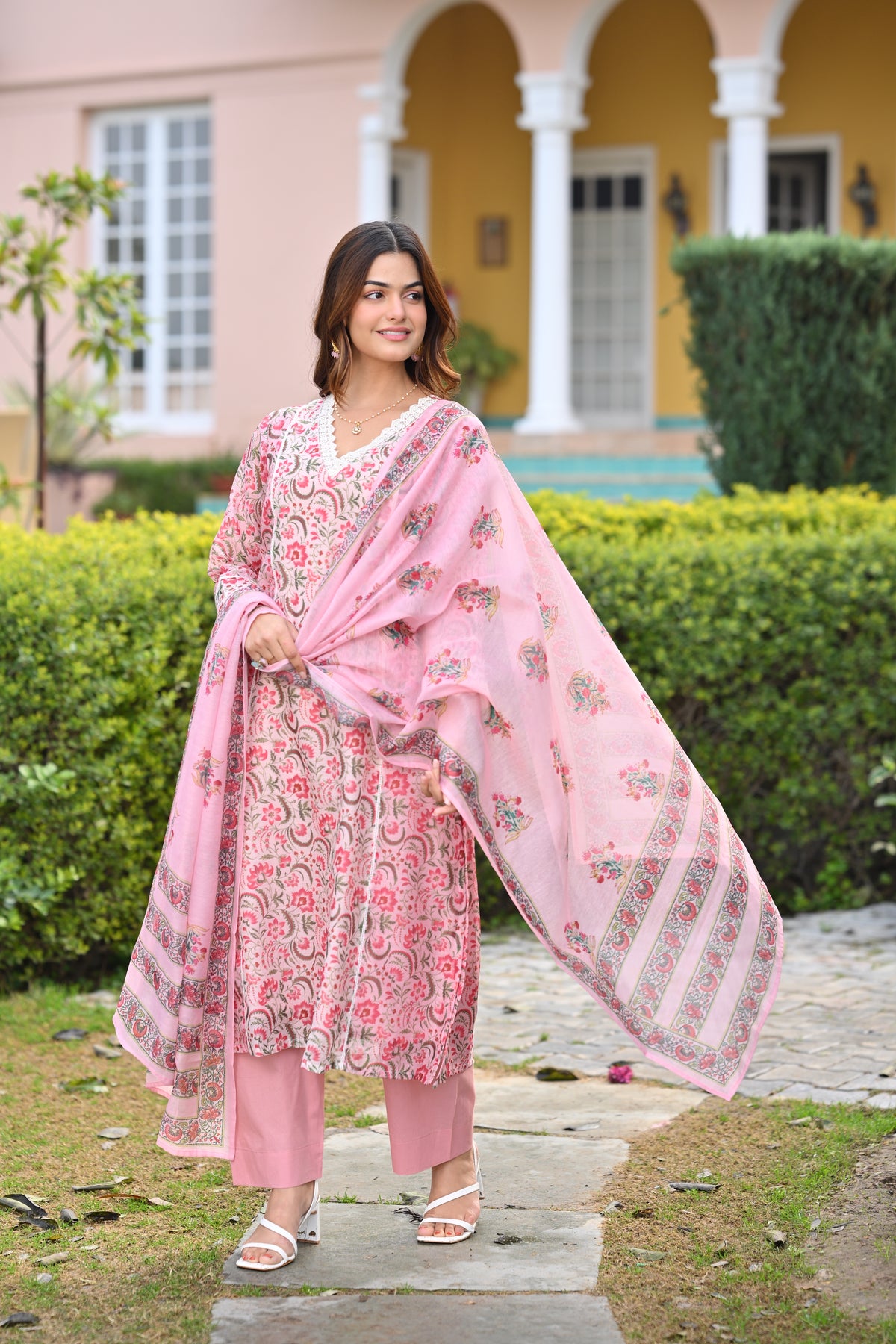 Pearl White and Pink Block Print Chanderi A line Suit Set with Lace on the Neck