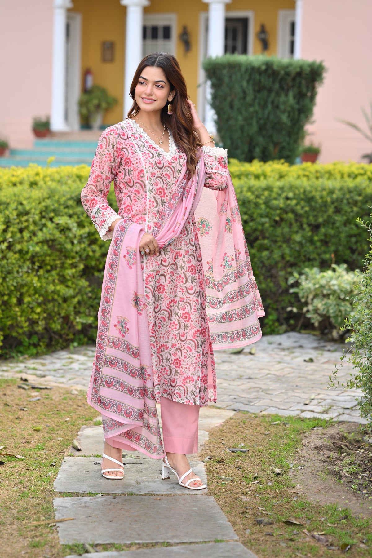 Pearl White and Pink Block Print Chanderi A line Suit Set with Lace on the Neck
