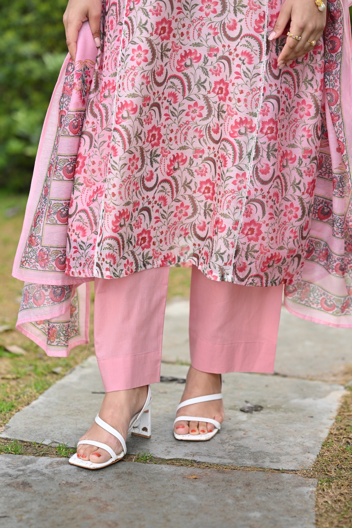 Pearl White and Pink Block Print Chanderi A line Suit Set with Lace on the Neck