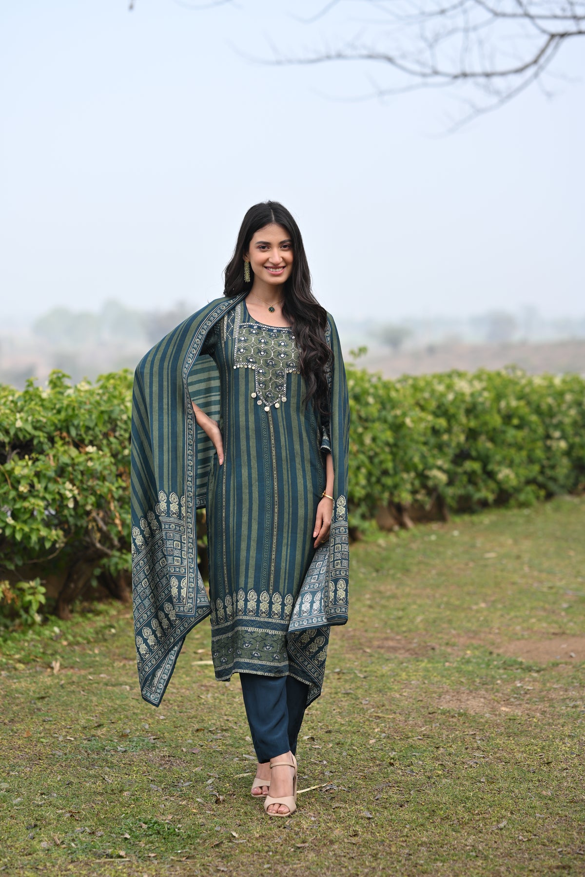 Bottle Green and Blue Ajrakh and Block Print Muslin Suit