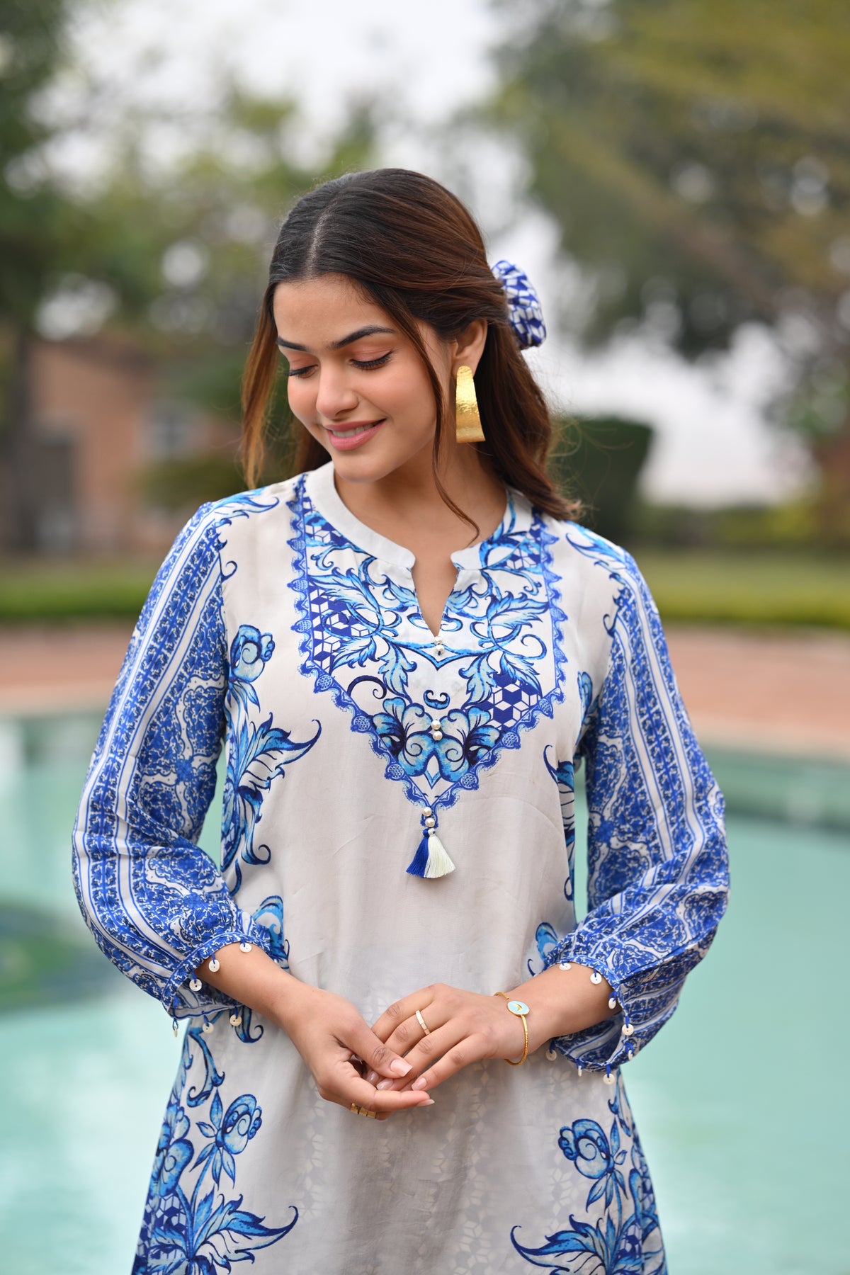 Blue and White Spring Placement  Kurta Set