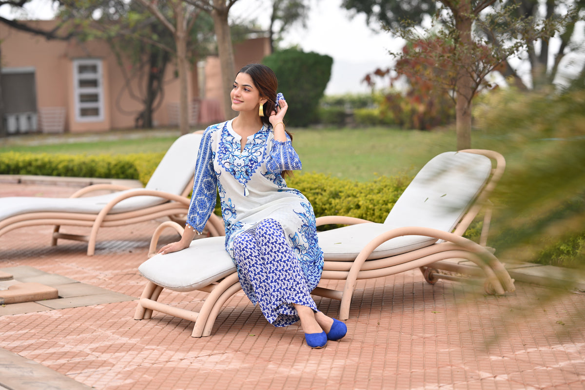 Blue and White Spring Placement  Kurta Set