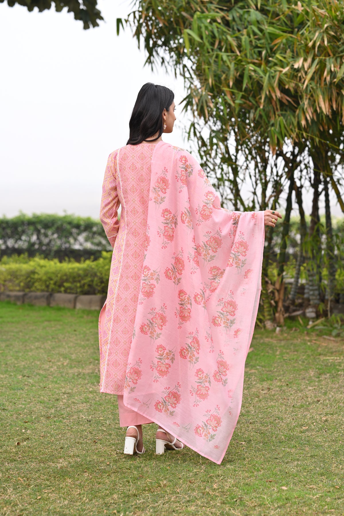 Peach and Yellow Panel Block Print A line Chanderi Suit Set