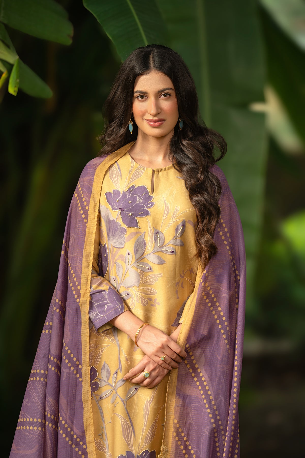 Yellow and Purple  Muslin Suit Set With Cut Work Dupatta