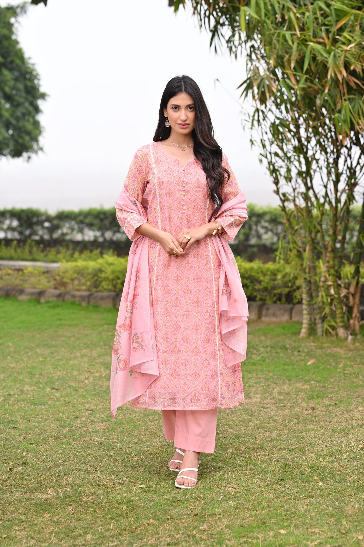 Peach and Yellow Panel Block Print A line Chanderi Suit Set