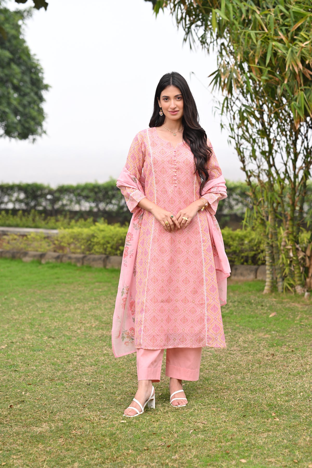 Peach and Yellow Panel Block Print A line Chanderi Suit Set