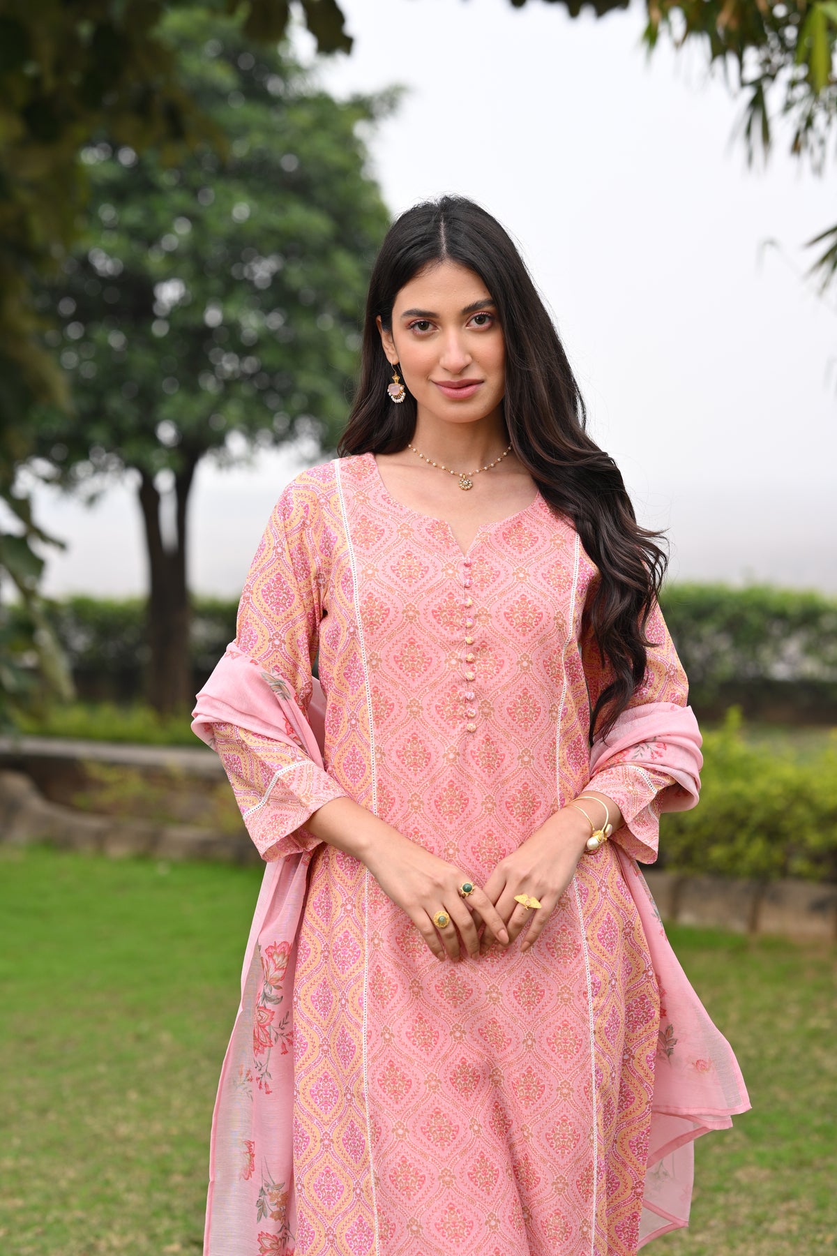 Peach and Yellow Panel Block Print A line Chanderi Suit Set