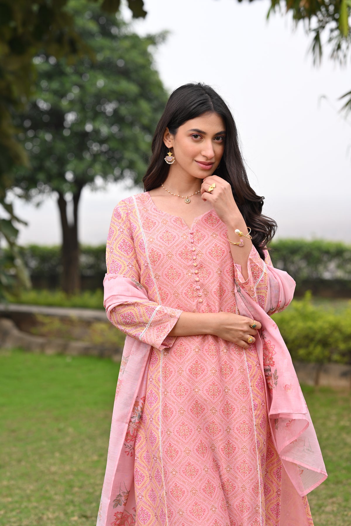 Peach and Yellow Panel Block Print A line Chanderi Suit Set