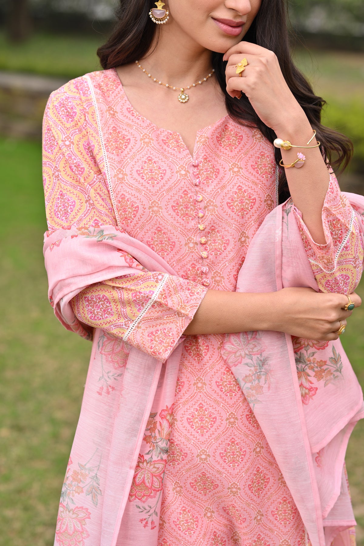 Peach and Yellow Panel Block Print A line Chanderi Suit Set