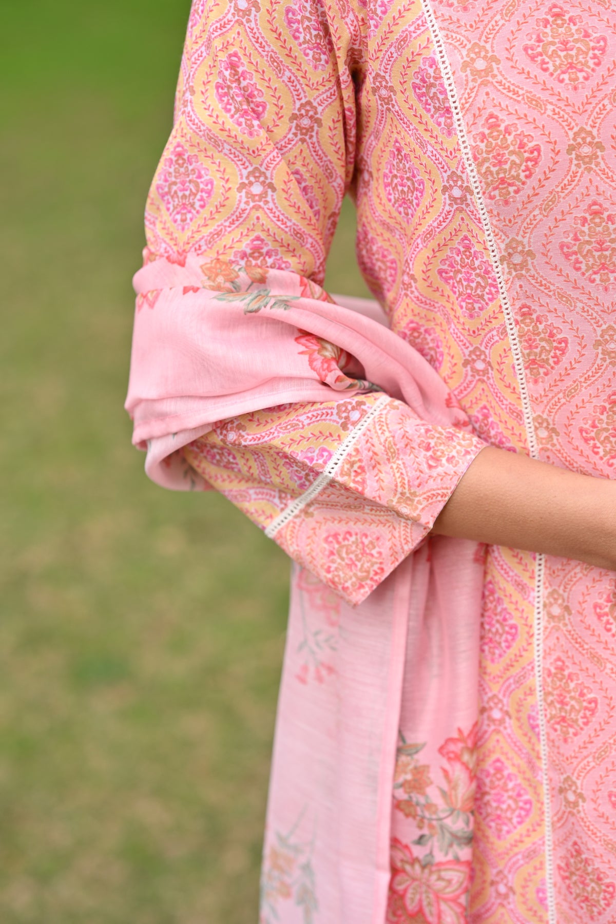 Peach and Yellow Panel Block Print A line Chanderi Suit Set