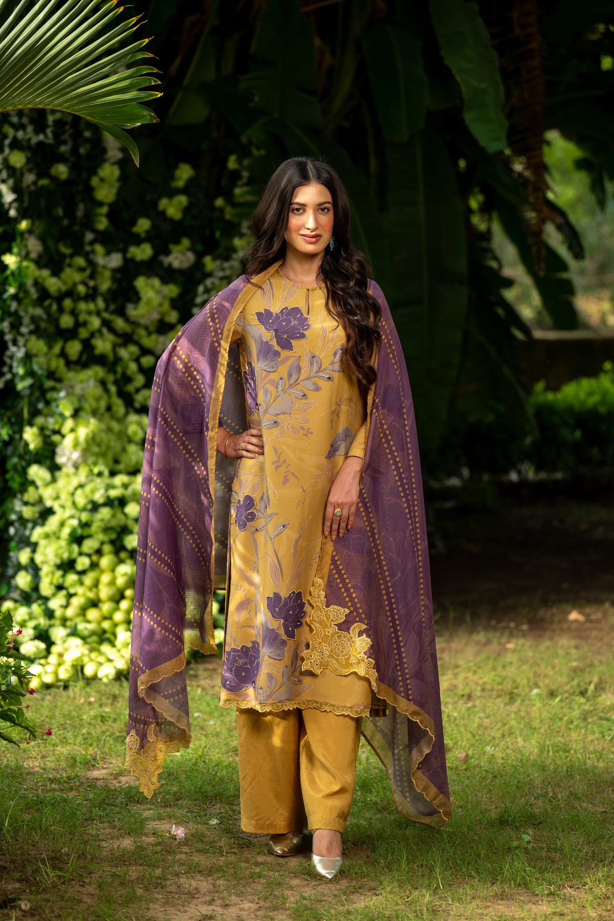 Yellow and Purple  Muslin Suit Set With Cut Work Dupatta
