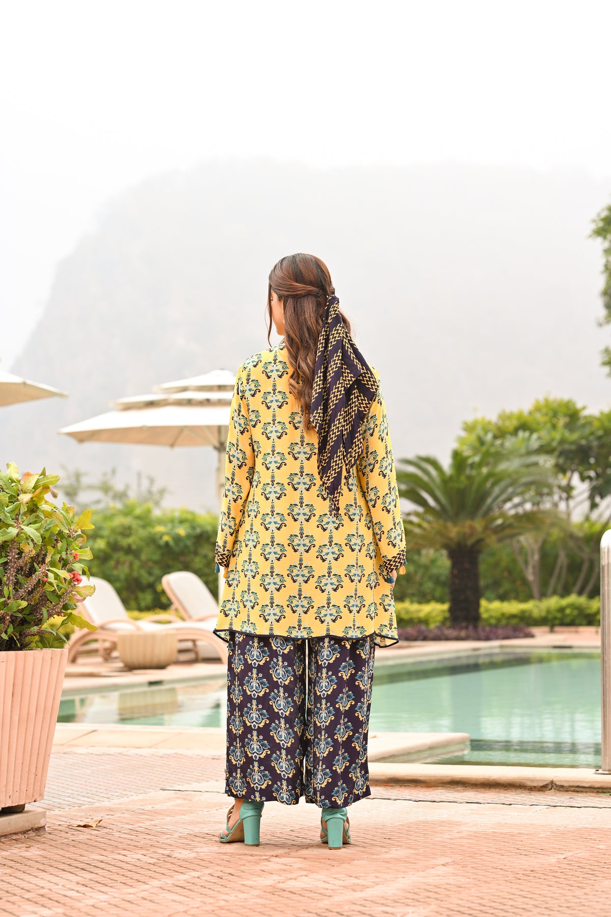 Yellow and Blue Spring Summer Block and Placement Print kurta Top with Flared pants