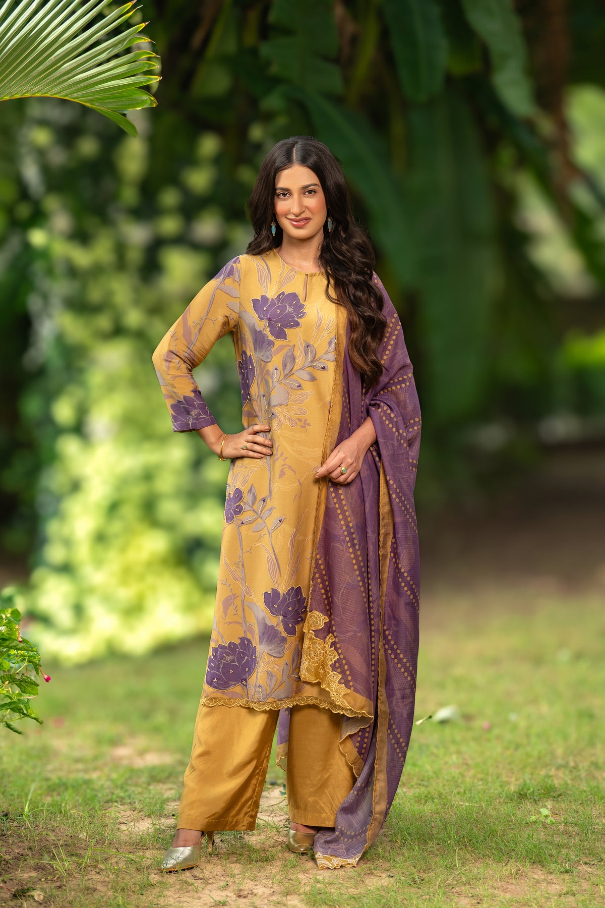 Yellow and Purple  Muslin Suit Set With Cut Work Dupatta