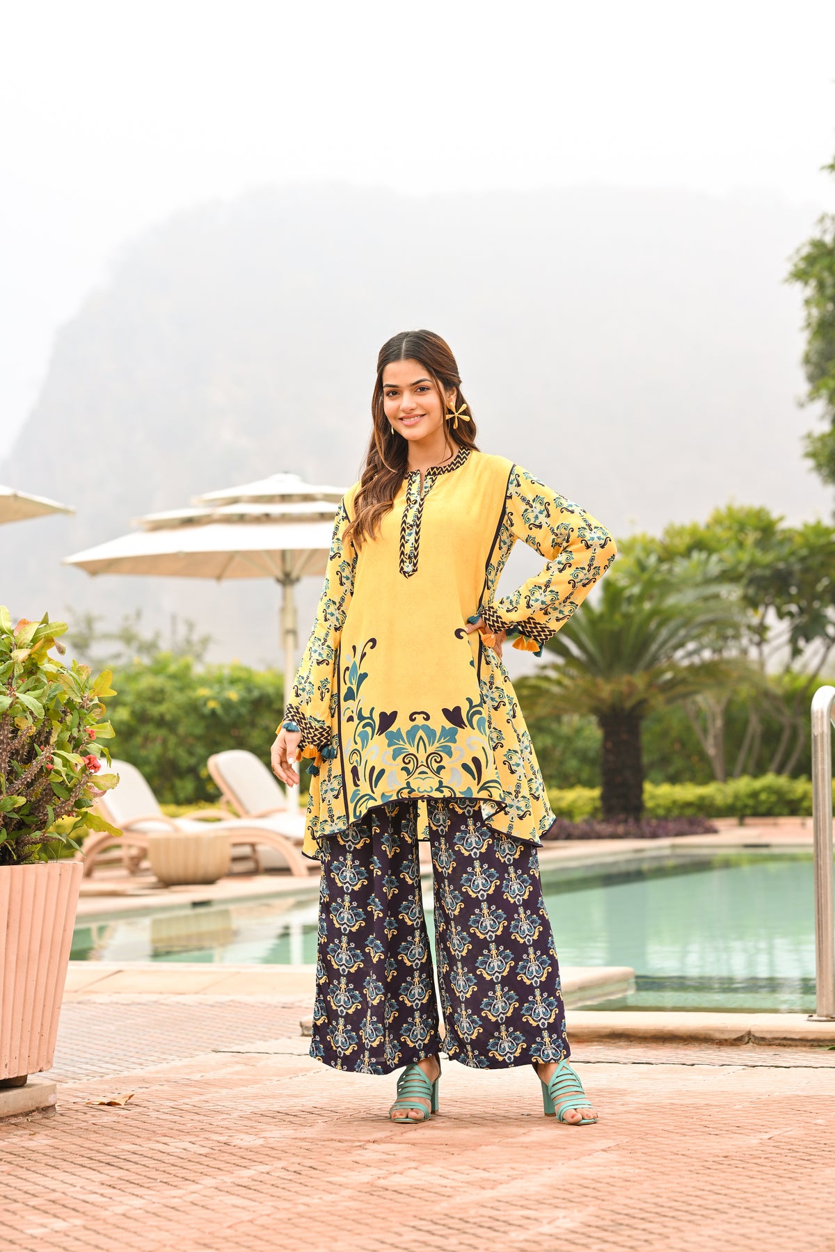 Yellow and Blue Spring Summer Block and Placement Print kurta Top with Flared pants