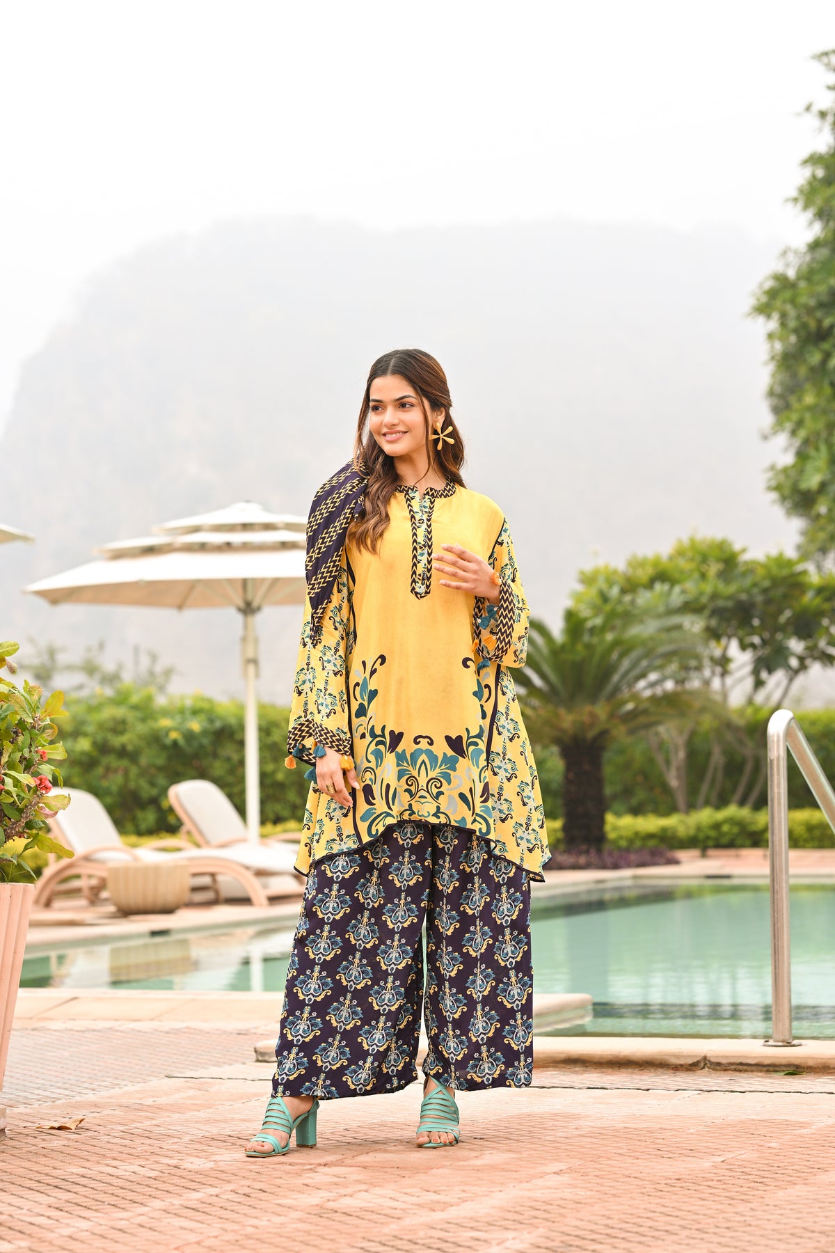 Yellow and Blue Spring Summer Block and Placement Print kurta Top with Flared pants