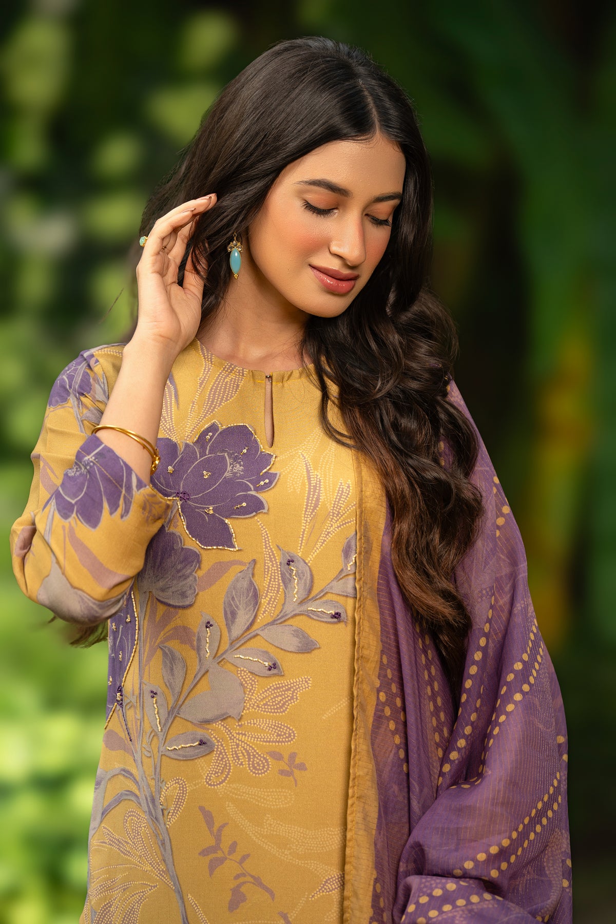 Yellow and Purple  Muslin Suit Set With Cut Work Dupatta