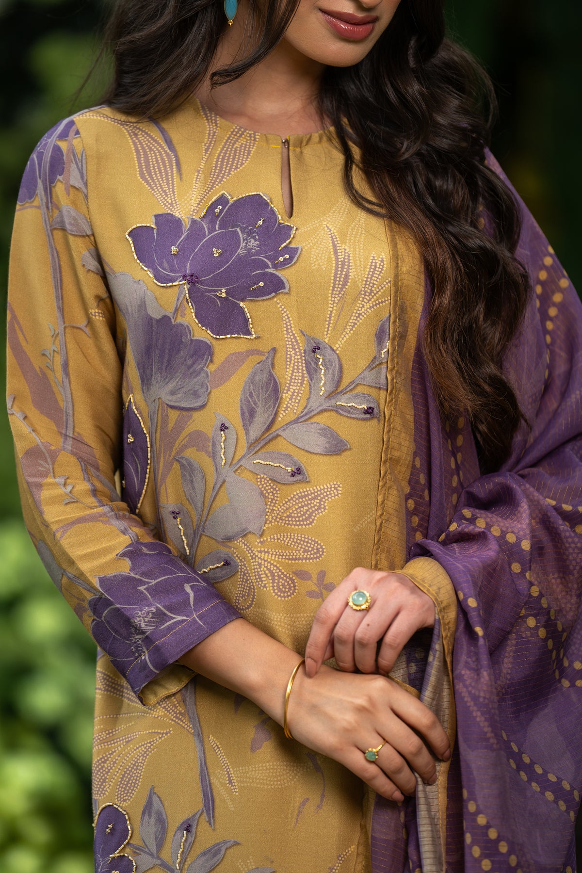 Yellow and Purple  Muslin Suit Set With Cut Work Dupatta