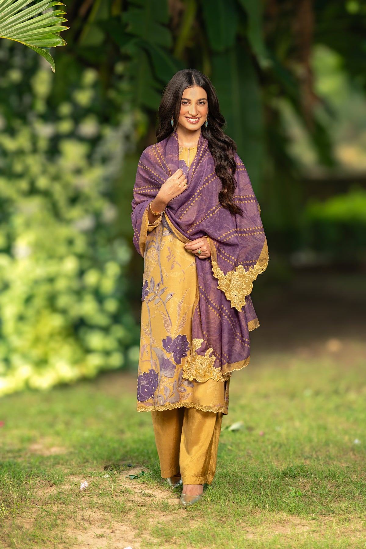 Yellow and Purple  Muslin Suit Set With Cut Work Dupatta