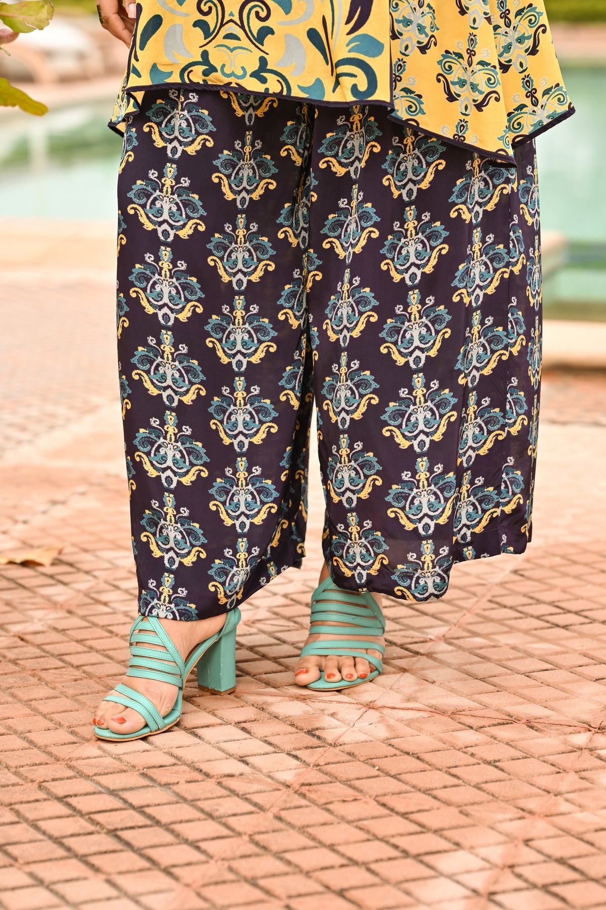 Yellow and Blue Spring Summer Block and Placement Print kurta Top with Flared pants