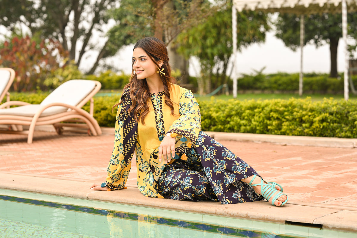 Yellow and Blue Spring Summer Block and Placement Print kurta Top with Flared pants