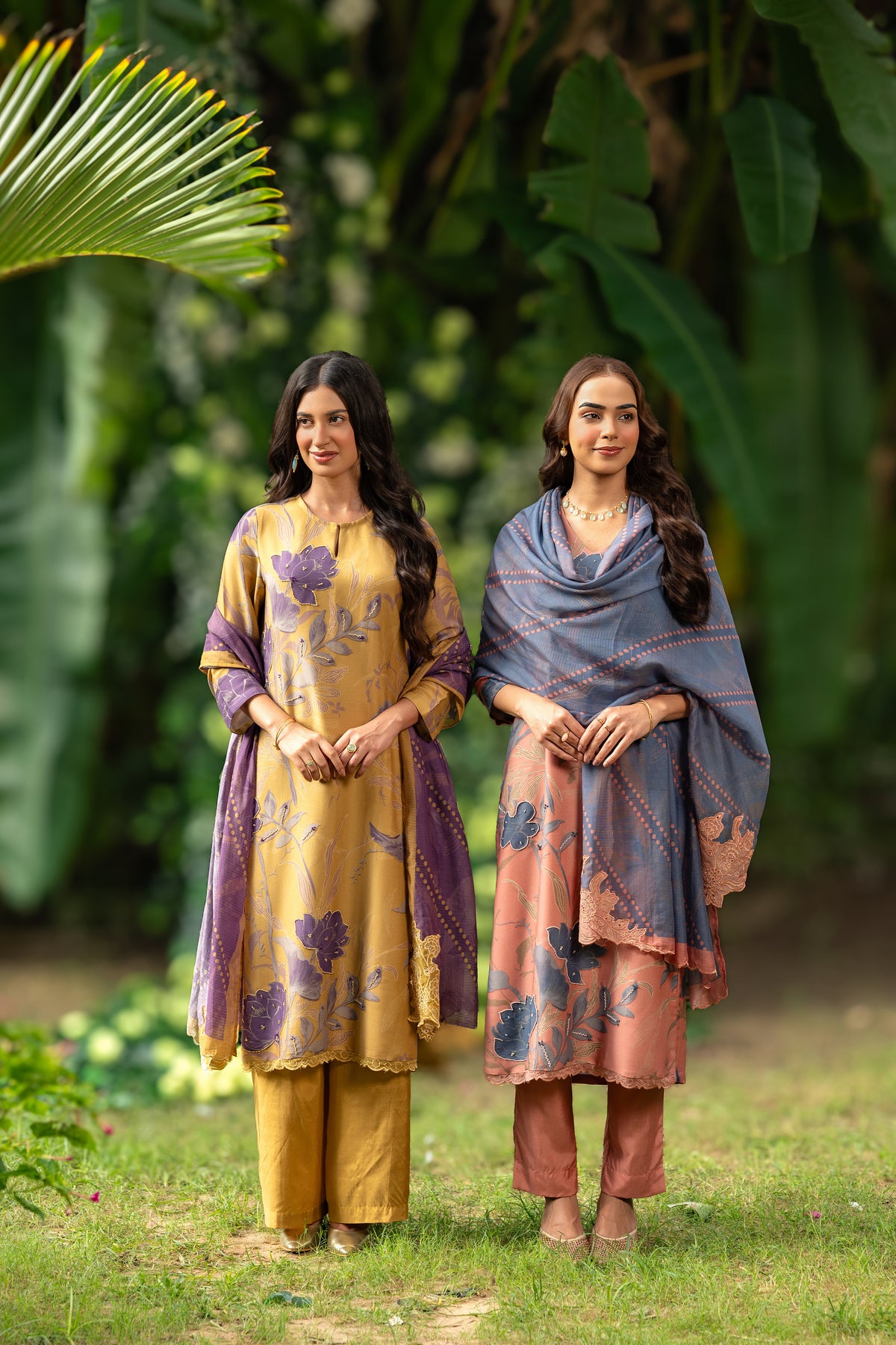 Yellow and Purple  Muslin Suit Set With Cut Work Dupatta