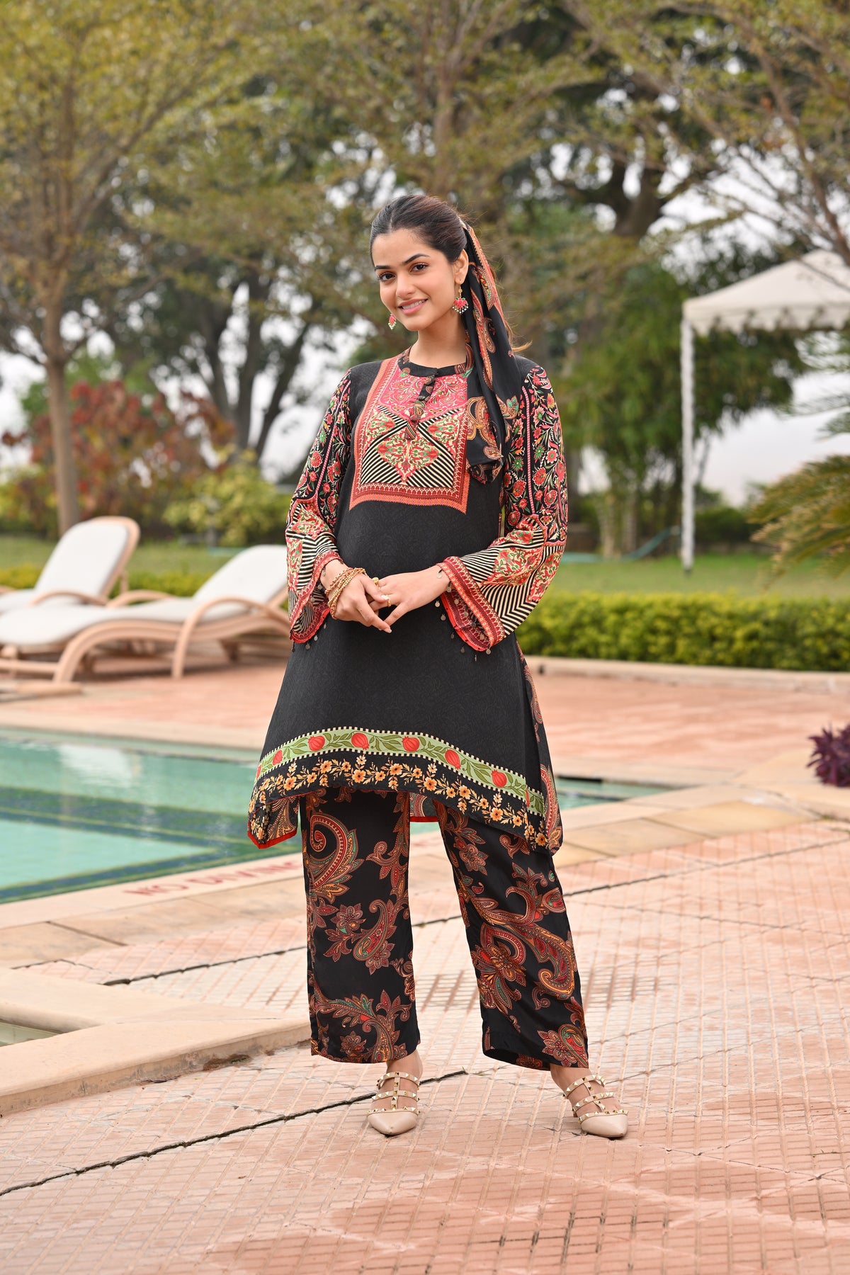 Black Paisley Placement Print Kurta Set