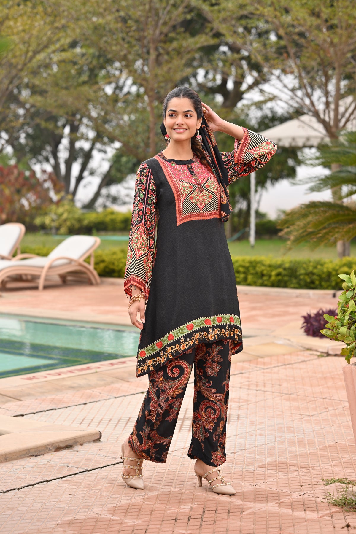 Black Paisley Placement Print Kurta Set