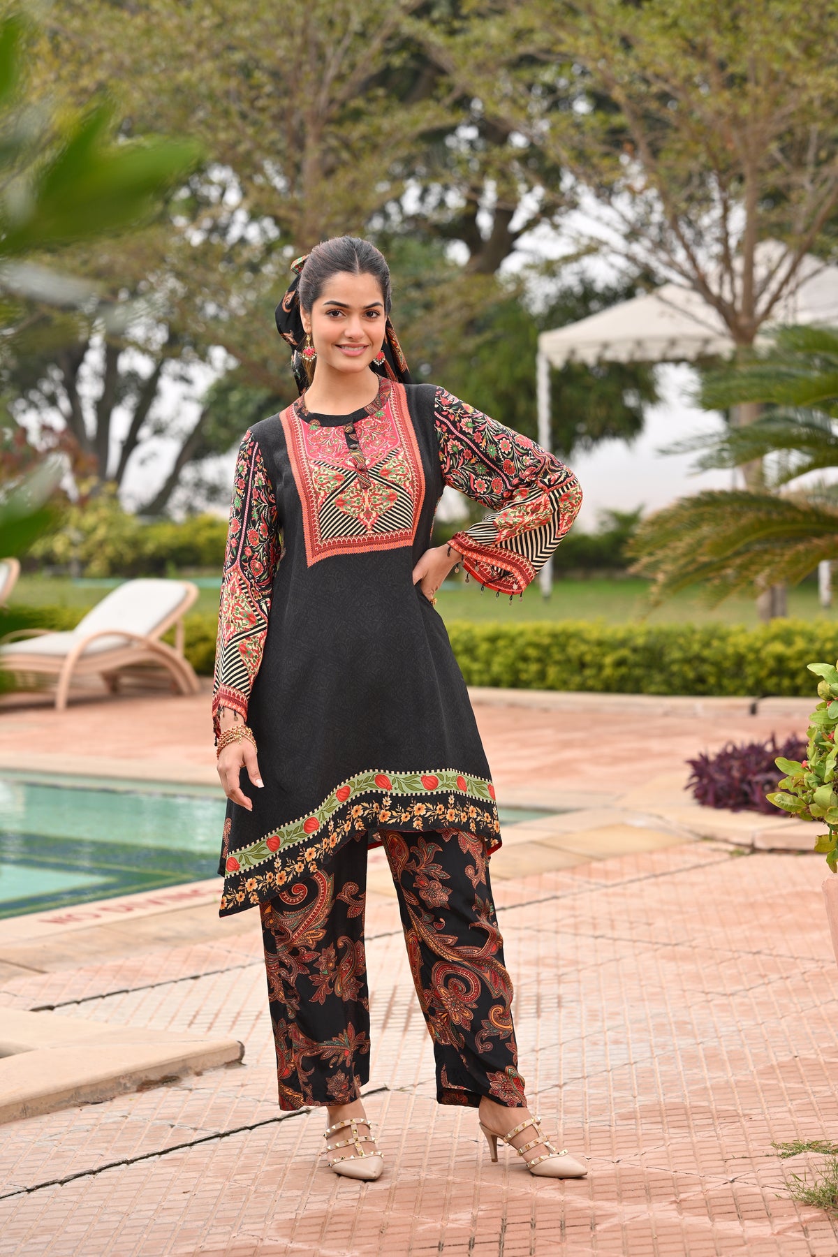 Black Paisley Placement Print Kurta Set