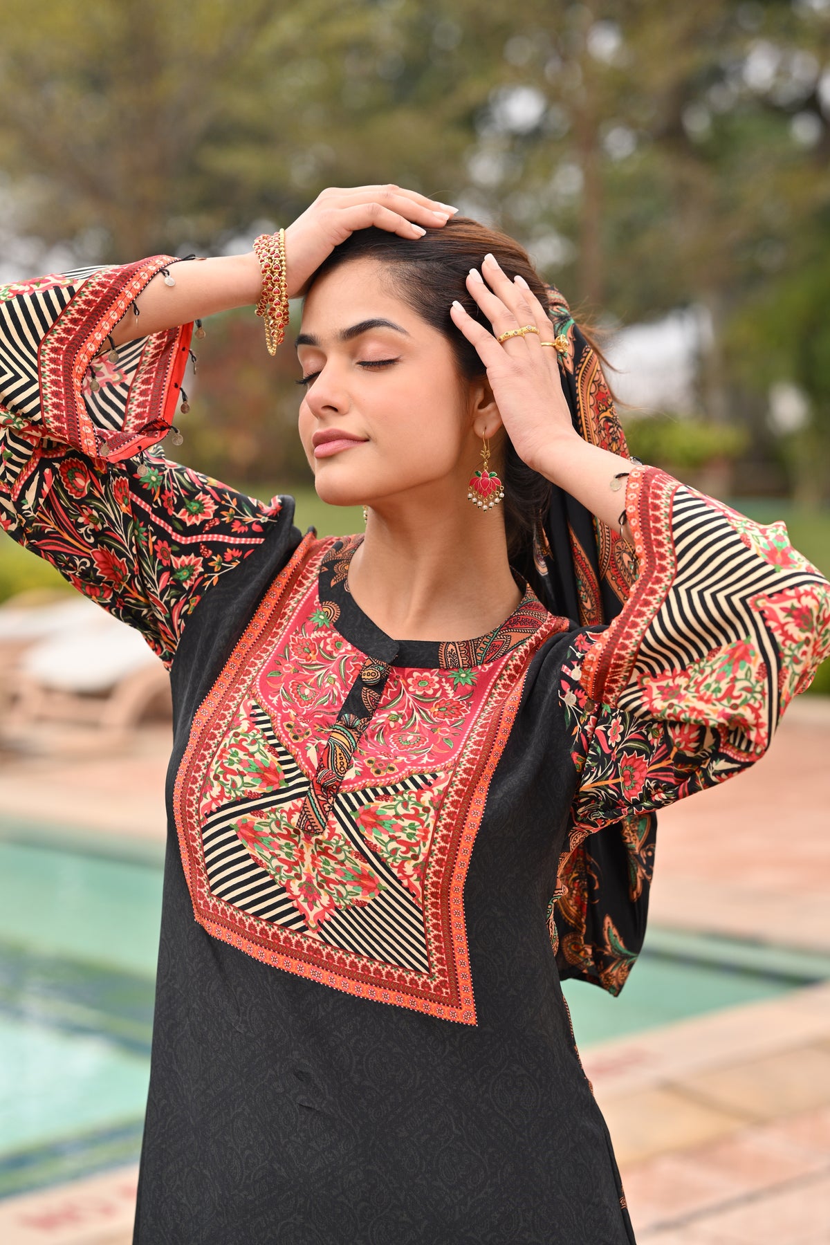 Black Paisley Placement Print Kurta Set